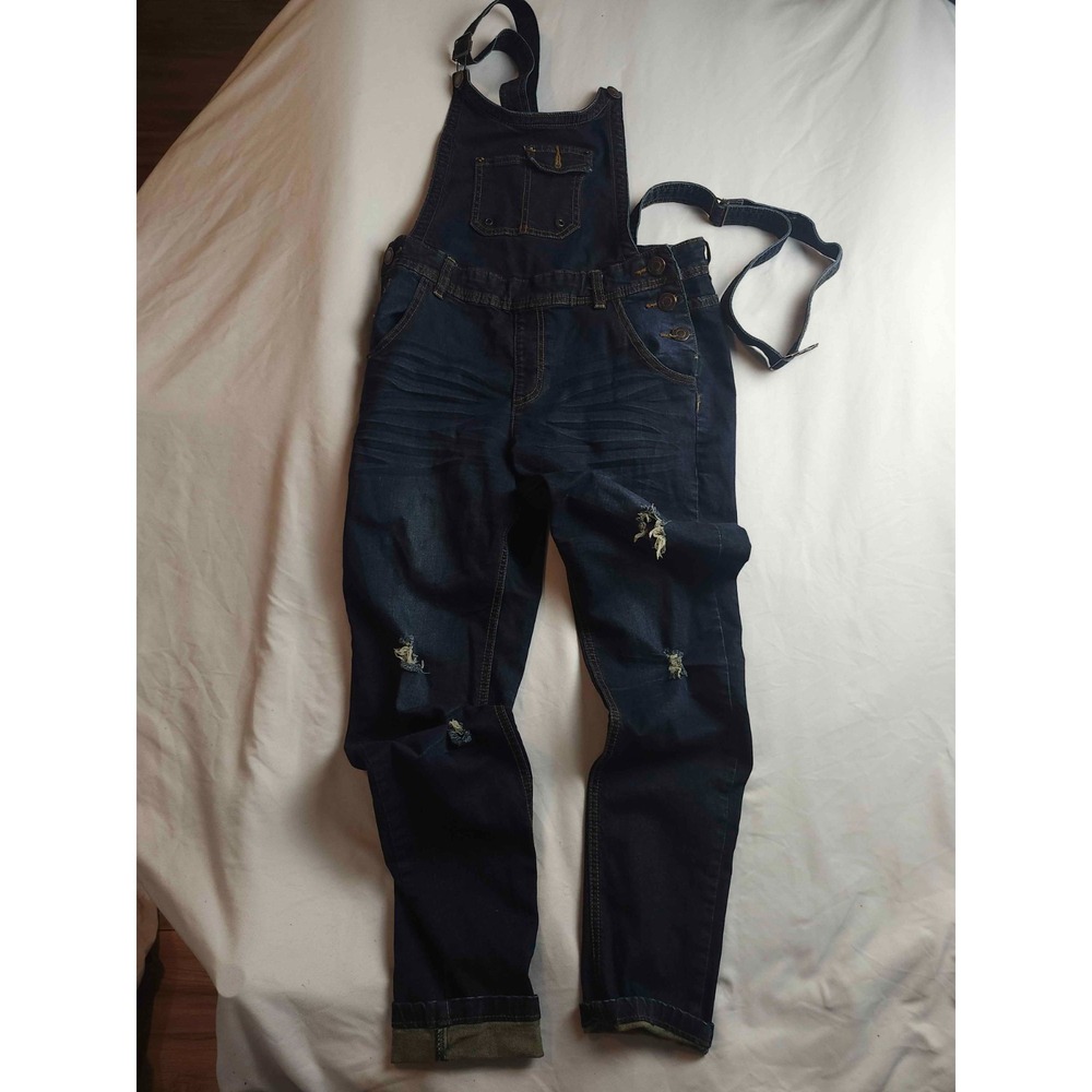 Rue21 Distressed Overalls Pants Womens Size 7/8 Blue Denim Casual Classic Boho